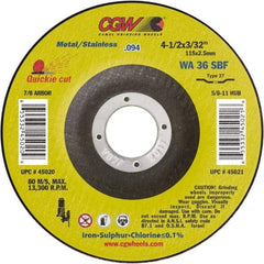 Camel Grinding Wheels - 36 Grit, 4-1/2" Wheel Diam, 3/32" Wheel Thickness, Type 27 Depressed Center Wheel - Medium Grade, Aluminum Oxide, Resinoid Bond, 13,300 Max RPM - Exact Industrial Supply