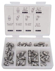 PRO-LUBE - 40 Piece, Inch, Box Plastic Stainless Steel Grease Fitting Set - Includes PTF, UNF Thread Types, Includes 1/4-28 SAE-LT: (10) Straight, (5) 45°, (5) 90°, 1/8-27 PTF: (10) Straight, (5) 45°, (5) 90° - Exact Industrial Supply