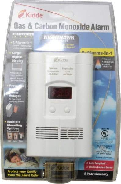 Kidde - 6.1 Inch Long x 3.8 Inch Wide, AC Plug In 120 Volt Carbon Monoxide and Explosive Gas Alarm - 85 dB Decibel Rating, 9V Battery Included, Indicating Light - Exact Industrial Supply