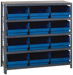 Quantum Storage - 12 Bin Store-More Shelf Bin System - 36 Inch Overall Width x 12 Inch Overall Depth x 39 Inch Overall Height, Blue Polypropylene Bins - Exact Industrial Supply