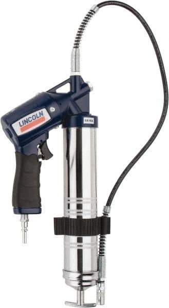 Lincoln - 6,000 Max psi, Flexible Air-Operated Grease Gun - 14-1 & 2 oz (Cartridge) & 16 oz (Bulk) Capacity, 1/8 Thread Outlet, Bulk & Cartridge Fill, Includes Advanced Vent Valve with Filler Nipple - Exact Industrial Supply