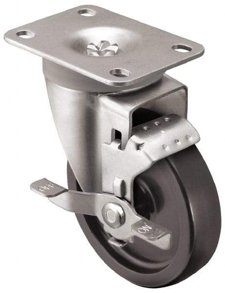 Shepherd - 3" Diam x 1-1/4" Wide x 4-1/4" OAH Top Plate Mount Swivel Caster with Brake - Polyolefin, 250 Lb Capacity, Plain Bearing, 2-5/8 x 3-3/4" Plate - Exact Industrial Supply
