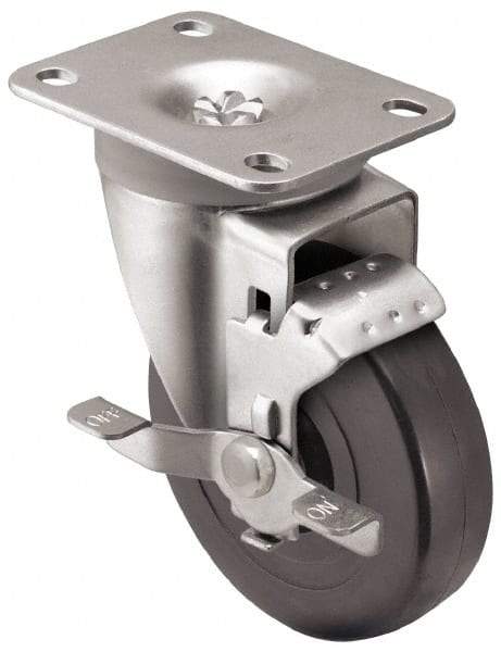 Shepherd - 3" Diam x 1-1/4" Wide x 4-1/4" OAH Top Plate Mount Swivel Caster with Brake - Soft Rubber, 150 Lb Capacity, Nylon Bearing, 2-5/8 x 3-3/4" Plate - Exact Industrial Supply