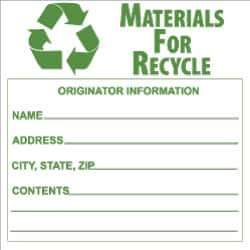 NMC - Hazardous Materials Label - Legend: Materials for Recycle - Originator Information - Name _____, Address _____, City, State, Zip _____, Contents _______, English, Green & White, 6" Long x 6" High, Sign Muscle Finish - Exact Industrial Supply