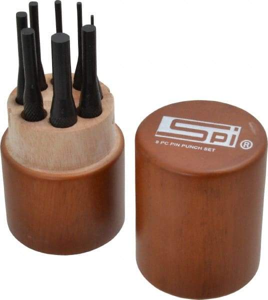 SPI - 8 Piece, 1/16 to 5/16", Pin Punch Set - Round Shank, Comes in Custom Wood Case - Exact Industrial Supply