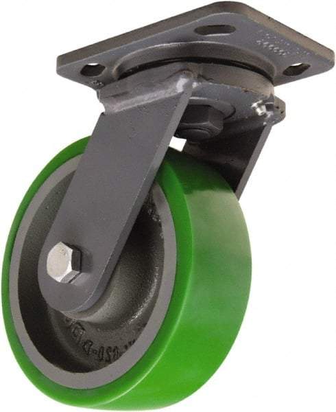 Hamilton - 6" Diam x 2" Wide x 7-1/2" OAH Top Plate Mount Swivel Caster - Polyurethane Mold onto Cast Iron Center, 1,200 Lb Capacity, Tapered Roller Bearing, 4 x 5" Plate - Exact Industrial Supply