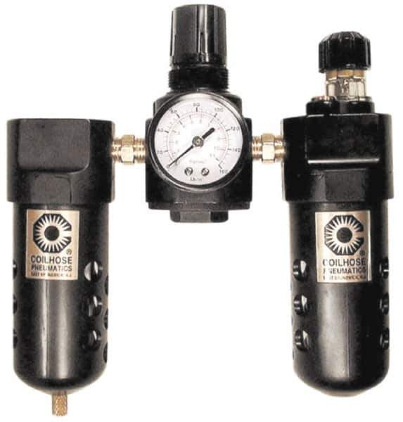 Coilhose Pneumatics - 3/8" NPT Port Compact 3 Piece Filter-Regulator-Lubricator FRL Unit - Zinc Bowl, 65 SCFM, 250 Max psi, 6.5" High, Manual Drain - Exact Industrial Supply