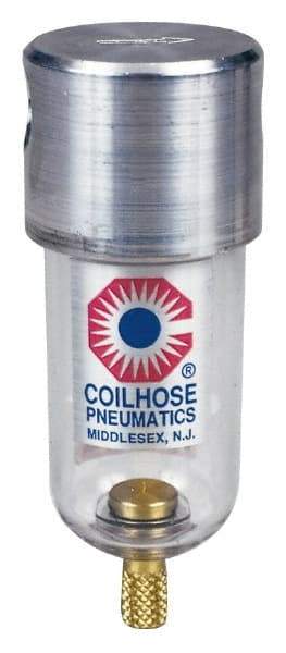 Coilhose Pneumatics - 1/8" Port, 4" High x 1-1/2" Wide, Miniature FRL Filter with Metal Bowl & Manual Drain - 25 SCFM, 250 Max psi, 250°F Max, 1.5 oz Bowl Capacity - Exact Industrial Supply