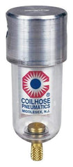 Coilhose Pneumatics - 1/8" Port, 4" High x 1-1/2" Wide, Miniature FRL Filter with Polycarbonate Bowl & Manual Drain - 25 SCFM, 150 Max psi, 120°F Max, 1.5 oz Bowl Capacity - Exact Industrial Supply