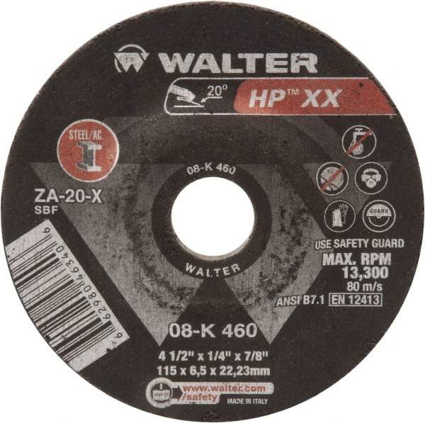 WALTER Surface Technologies - 20 Grit, 4-1/2" Wheel Diam, 1/4" Wheel Thickness, Type 27 Depressed Center Wheel - Aluminum Oxide, 13,300 Max RPM - Exact Industrial Supply