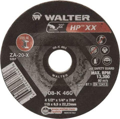WALTER Surface Technologies - 20 Grit, 4-1/2" Wheel Diam, 1/4" Wheel Thickness, Type 27 Depressed Center Wheel - Aluminum Oxide, 13,300 Max RPM - Exact Industrial Supply