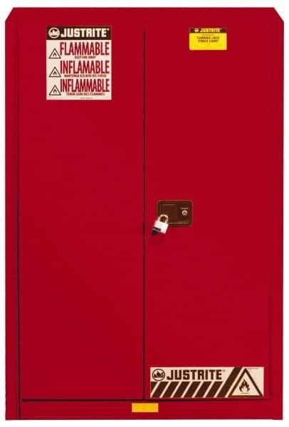 Justrite - 2 Door, 5 Shelf, Red Steel Standard Safety Cabinet for Flammable and Combustible Liquids - 65" High x 43" Wide x 18" Deep, Manual Closing Door, 3 Point Key Lock, 60 Gal Capacity - Exact Industrial Supply