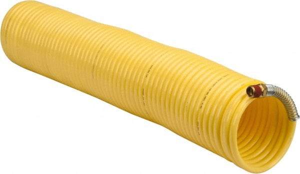 Coilhose Pneumatics - 1/4" ID, 1/4 Thread, 50' Long, Yellow Nylon Coiled & Self Storing Hose - 185 Max psi, Male Swivel x Male Swivel - Exact Industrial Supply