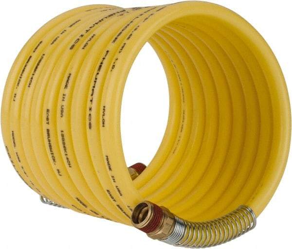 Coilhose Pneumatics - 3/8" ID, 3/8 Thread, 12' Long, Yellow Nylon Coiled & Self Storing Hose - 165 Max psi, Male Swivel x Male Swivel - Exact Industrial Supply