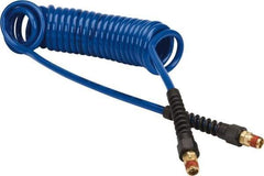 Coilhose Pneumatics - 1/4" ID, 1/4 Thread, 15' Long, Dark Blue Polyurethane Coiled & Self Storing Hose - 125 Max psi, Male Swivel x Male Swivel with Strain Relief - Exact Industrial Supply