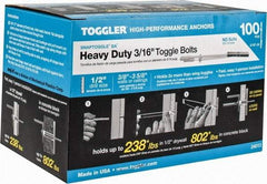 Toggler - 3/16" Screw, 6-1/4" Long, 3/8 to 3-5/8" Thick, Toggle Bolt Drywall & Hollow Wall Anchor - 3/16 - 24" Thread, 1/2" Drill, Zinc Plated, Steel, Grade 1010, Use in Drywall - Exact Industrial Supply