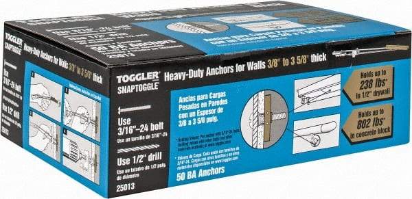 Toggler - 3/16" Screw, 6-1/4" Long, 3/8 to 3-5/8" Thick, Toggle Bolt Drywall & Hollow Wall Anchor - 3/16 - 24" Thread, 1/2" Drill, Zinc Plated, Steel, Grade 1010, Use in Drywall - Exact Industrial Supply