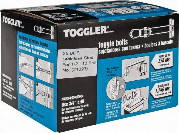 Toggler - 1/2" Screw, 6" Long, 3/8 to 2-1/2" Thick, Toggle Bolt Drywall & Hollow Wall Anchor - 1/2 - 13" Thread, 3/4" Drill, Uncoated, Stainless Steel, Grade 304, Use in Drywall - Exact Industrial Supply
