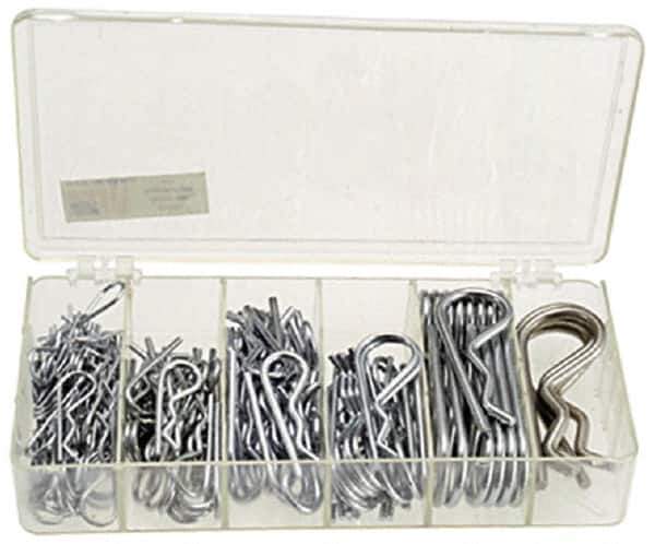 Precision Brand - 150 Piece, 1/16 to 3/16" Pin Diam, Hitch Pin Assortment - 1-9/16 to 3-1/4" Long, Steel - Exact Industrial Supply