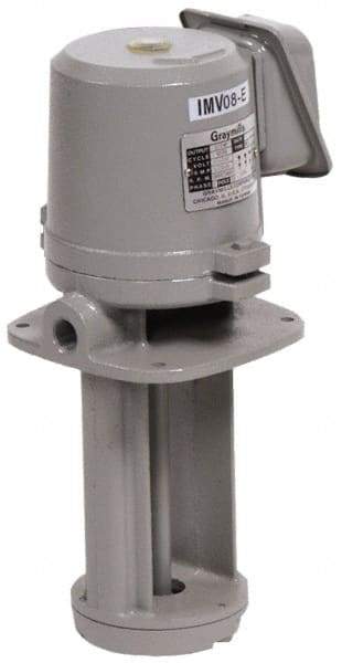 Graymills - 230/460 Volt, 1/2 hp, 3 Phase, 3,450 RPM, Cast Iron Immersion Machine Tool & Recirculating Pump - 35 GPM, 43 psi, 7-1/2" Long x 7-1/2" Mounting Flange Width, 18-5/16" Overall Height, Metric Thread, Aluminum Impeller - Exact Industrial Supply