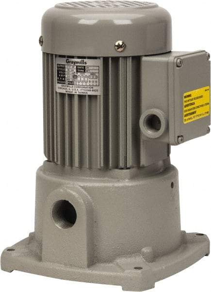 Graymills - 230/460 Volt, 3/4 hp, 3 Phase, 3,450 RPM, Cast Iron Suction Machine Tool & Recirculating Pump - 43 GPM, 1" Inlet, 52 psi, 8" Long x 8" Mounting Flange Width, 11-13/16" Overall Height, Metric Thread, Aluminum Impeller - Exact Industrial Supply
