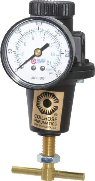 Coilhose Pneumatics - 1/4 NPT Port, 40 CFM, Cast Aluminum Heavy-Duty T-Handle Regulator - 0 to 200 psi Range, 250 Max psi Supply Pressure, 1/4" Gauge Port Thread, 3" Wide x 5-1/2" High - Exact Industrial Supply