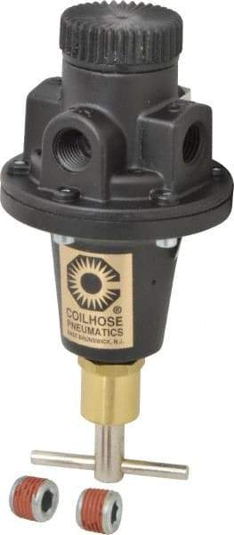 Coilhose Pneumatics - 1/4 NPT Port, 40 CFM, Cast Aluminum Tamper Proof Heavy-Duty T-Handle Regulator - 0 to 60 psi Range, 250 Max psi Supply Pressure, 1/4" Gauge Port Thread, 3" Wide x 5-1/2" High - Exact Industrial Supply