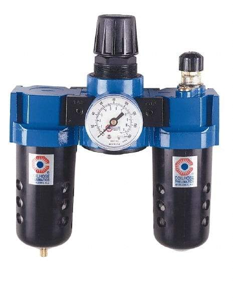 Coilhose Pneumatics - 3/4" NPT Port Standard 3 Piece Filter-Regulator-Lubricator FRL Unit - Polycarbonate Bowl, 125 SCFM, 150 Max psi, 10.5" High, Automatic Drain - Exact Industrial Supply