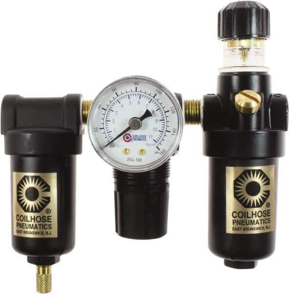 Coilhose Pneumatics - 1/4" NPT Port Miniature 3 Piece Filter-Regulator-Lubricator FRL Unit - Metal Bowl, 25 SCFM, 250 Max psi, 6.125" High, Manual Drain - Exact Industrial Supply