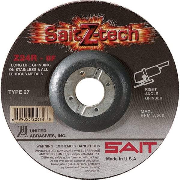 Sait - 24 Grit, 6" Wheel Diam, 1/4" Wheel Thickness, 7/8" Arbor Hole, Type 27 Depressed Center Wheel - Zirconia Alumina, Resinoid Bond, R Hardness, 10,200 Max RPM, Compatible with Angle Grinder - Exact Industrial Supply