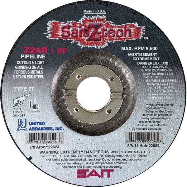 Sait - 24 Grit, 7" Wheel Diam, 1/8" Wheel Thickness, 7/8" Arbor Hole, Type 27 Depressed Center Wheel - Zirconia Alumina, Resinoid Bond, R Hardness, 8,500 Max RPM, Compatible with Angle Grinder - Exact Industrial Supply