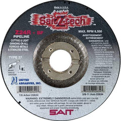 Sait - 24 Grit, 7" Wheel Diam, 1/8" Wheel Thickness, 7/8" Arbor Hole, Type 27 Depressed Center Wheel - Zirconia Alumina, Resinoid Bond, R Hardness, 8,500 Max RPM, Compatible with Angle Grinder - Exact Industrial Supply