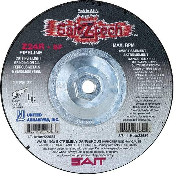 Sait - 24 Grit, 4-1/2" Wheel Diam, 1/8" Wheel Thickness, Type 27 Depressed Center Wheel - Zirconia Alumina, Resinoid Bond, R Hardness, 13,300 Max RPM, Compatible with Angle Grinder - Exact Industrial Supply