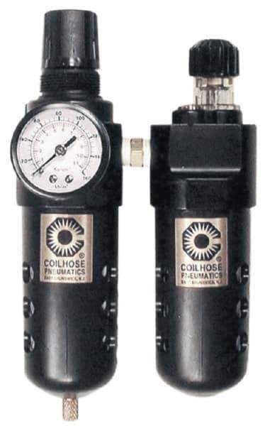 Coilhose Pneumatics - 3/8" NPT Port Compact 2 Piece Filter/Regulator-Lubricator FRL Unit - Zinc Bowl, 65 SCFM, 250 Max psi, 8" High, Manual Drain - Exact Industrial Supply