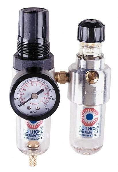 Coilhose Pneumatics - 1/8" NPT Port Miniature 2 Piece Filter/Regulator-Lubricator FRL Unit - Polycarbonate Bowl, 25 SCFM, 150 Max psi, 6" High, Manual Drain - Exact Industrial Supply