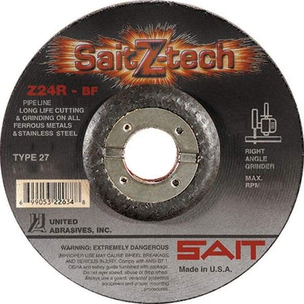 Sait - 24 Grit, 6" Wheel Diam, 3/32" Wheel Thickness, 7/8" Arbor Hole, Type 27 Depressed Center Wheel - Zirconia Alumina, Resinoid Bond, R Hardness, 10,200 Max RPM, Compatible with Angle Grinder - Exact Industrial Supply