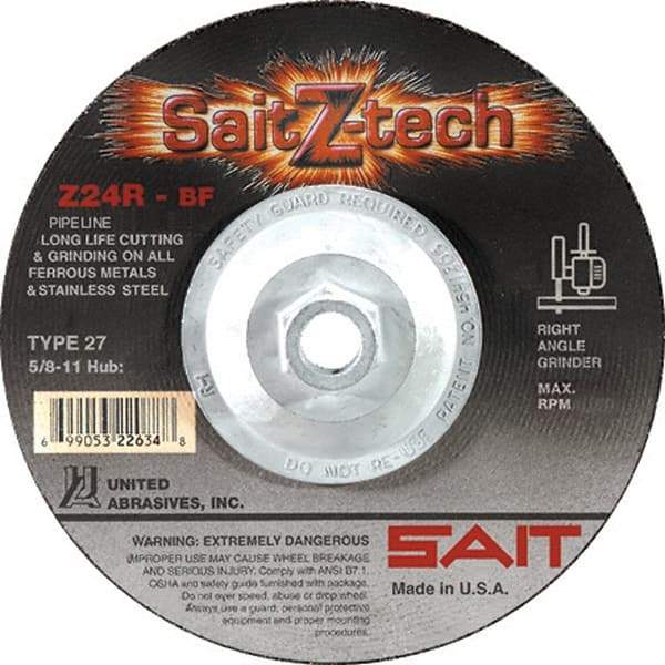 Sait - 24 Grit, 6" Wheel Diam, 3/32" Wheel Thickness, Type 27 Depressed Center Wheel - Zirconia Alumina, Resinoid Bond, R Hardness, 10,200 Max RPM, Compatible with Angle Grinder - Exact Industrial Supply