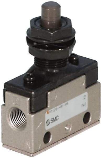 SMC PNEUMATICS - 0.14 CV Rate, 1/8" NPT Inlet Mechanical Valve - 2 Way, 2 Ports, Push Button Flush - Exact Industrial Supply