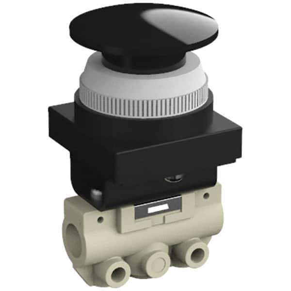 SMC PNEUMATICS - 0.14 CV Rate, 1/8" NPT Inlet Mechanical Valve - 2 Way, 2 Ports, Push Button Mushroom - Exact Industrial Supply