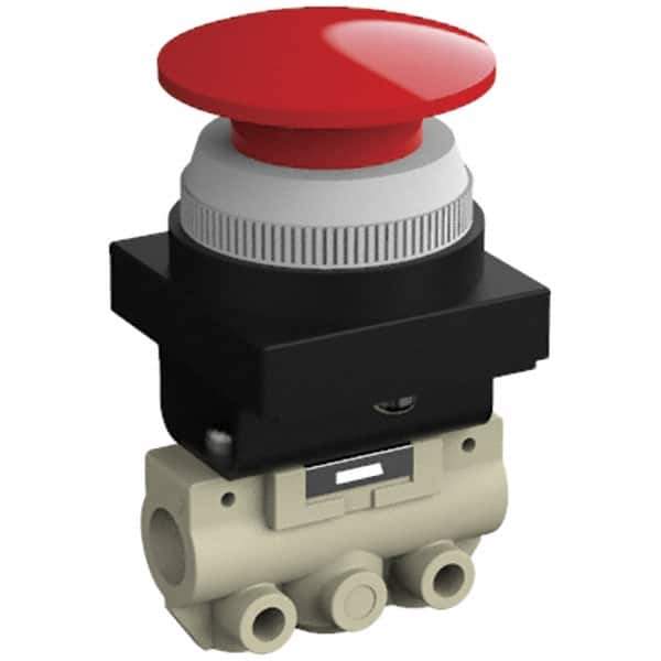SMC PNEUMATICS - 0.14 CV Rate, 1/8" NPT Inlet Mechanical Valve - 2 Way, 2 Ports, Push Button Mushroom - Exact Industrial Supply