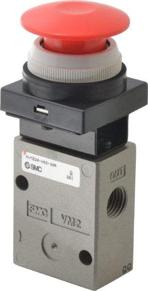 SMC PNEUMATICS - 1.00 CV Rate, 1/4" NPT Inlet Mechanical Valve - 3 Way, 2 Ports, Push Button Mushroom - Exact Industrial Supply