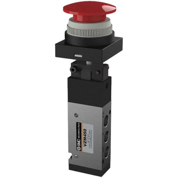 SMC PNEUMATICS - 0.55 CV Rate, 1/8" NPT Inlet Mechanical Valve - 4 Way, 5 Ports, Push Button Mushroom - Exact Industrial Supply