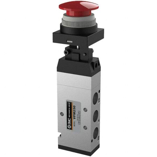 SMC PNEUMATICS - 1.00 CV Rate, 1/4" NPT Inlet Mechanical Valve - 4 Way, 5 Ports, Push Button Mushroom - Exact Industrial Supply