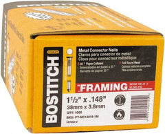 Stanley Bostitch - 10 Gauge 0.148" Shank Diam 1-1/2" Long Metal Connecting Nails for Power Nailers - Steel, Bright Finish, Smooth Shank, Angled Stick Paper Tape Collation, Round Head, Diamond Point - Exact Industrial Supply