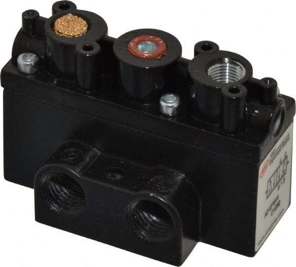 ARO/Ingersoll-Rand - 1/4" Inlet x 1/4" Outlet, Pilot Actuator, Spring Return, 2 Position, Body Ported Solenoid Air Valve - 32 CFM, 0.9 CV, 4 Way, 150 psi, 2-15/16" Long x 1-15/16" Wide x 1-15/16" High, 0 to 180°F - Exact Industrial Supply