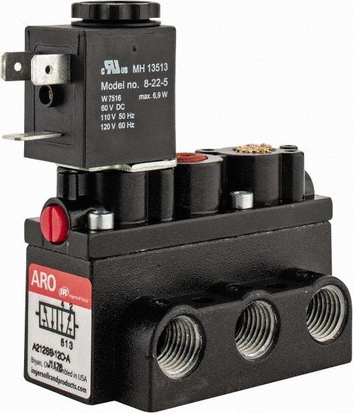 ARO/Ingersoll-Rand - 1/4" Inlet x 1/4" Outlet, Solenoid Actuator, Spring Return, 2 Position, Body Ported Solenoid Air Valve - 120 VAC Input, 54 CFM, 1.5 CV, 4 Way, 150 psi, 2-15/16" Long x 1-15/16" Wide x 1-15/16" High, 0 to 180°F - Exact Industrial Supply