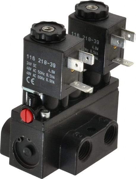 ARO/Ingersoll-Rand - 1/4" Inlet x 1/4" Outlet, Solenoid Actuator, Solenoid Return, 3 Position, Body Ported Solenoid Air Valve - 24 VDC Input, 32 CFM, 0.9 CV, 4 Way, 150 psi, 2-15/16" Long x 1-15/16" Wide x 1-13/16" High, 0 to 180°F - Exact Industrial Supply