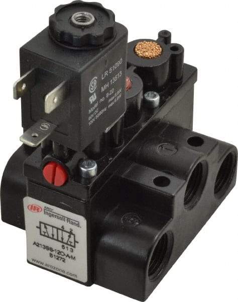 ARO/Ingersoll-Rand - 3/8" Inlet x 3/8" Outlet, Solenoid Actuator, Spring Return, 2 Position, Body Ported Solenoid Air Valve - 120 VAC Input, 63 CFM, 1.7 CV, 4 Way, 150 psi, 3-1/2" Long x '2-1/2" Wide x 3-5/8" High, 0 to 180°F - Exact Industrial Supply