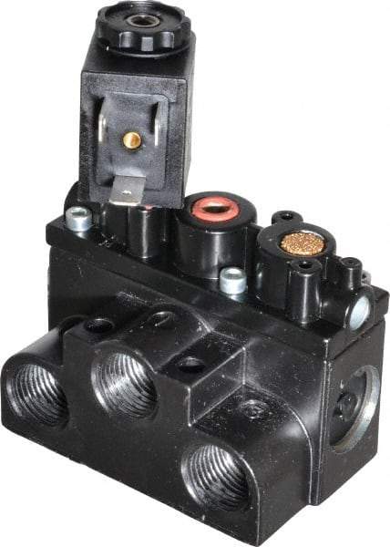 ARO/Ingersoll-Rand - 3/8" Inlet x 3/8" Outlet, Solenoid Actuator, Spring Return, 2 Position, Body Ported Solenoid Air Valve - 24 VDC Input, 63 CFM, 1.7 CV, 4 Way, 150 psi, 3-1/2" Long x '2-1/2" Wide x 3-5/8" High, 0 to 180°F - Exact Industrial Supply
