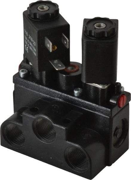 ARO/Ingersoll-Rand - 3/8" Inlet x 3/8" Outlet, Solenoid Actuator, Solenoid Return, 2 Position, Body Ported Solenoid Air Valve - 120 VAC Input, 63 CFM, 1.7 CV, 4 Way, 150 psi, 4" Long x '2-1/2" Wide x 3-5/8" High, 0 to 180°F - Exact Industrial Supply